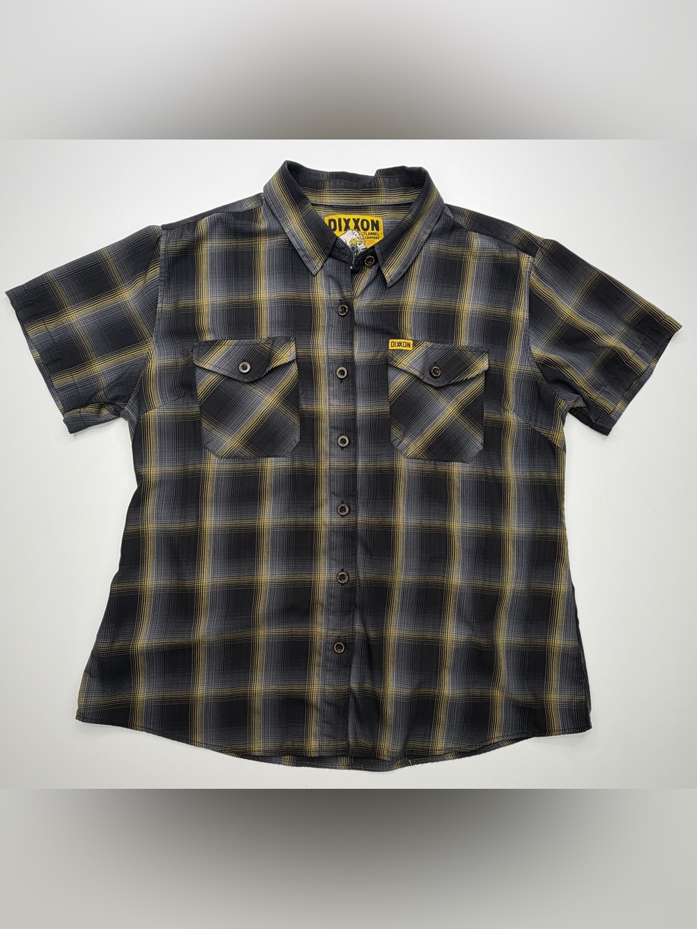 Dixxon Chambers Bamboo Short Sleeve Plaid Button-Up Shirt Black & Yellow Large